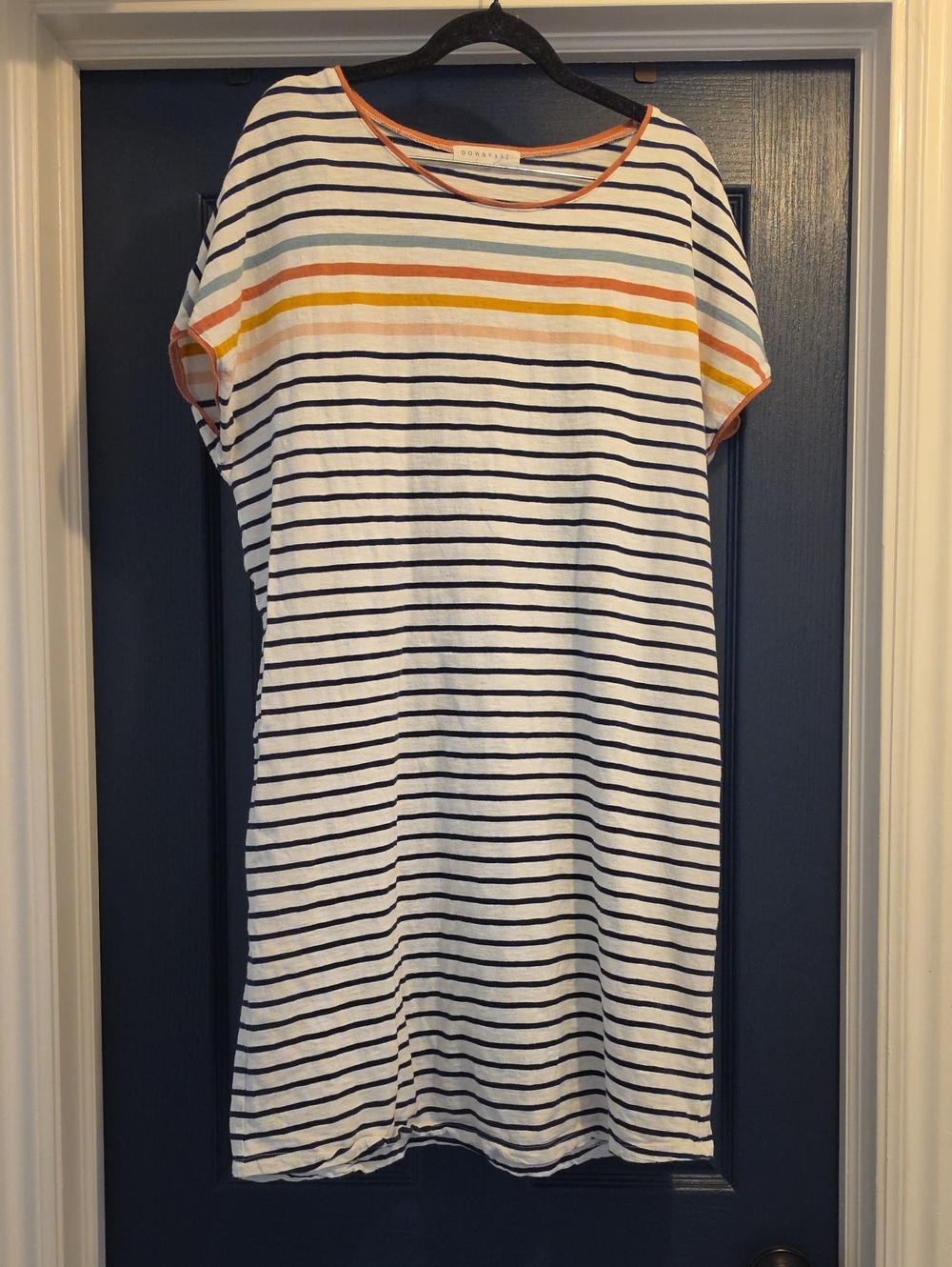 DownEast White and Navy Striped Midi Dress with Orange Trim